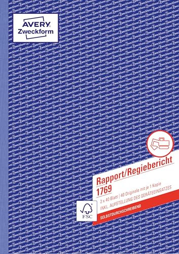 AVERY Zweckform 1769 Rapport/Regiebericht (A4, selbstdurchschreibend, von Rechtsexperten geprüft, für Deutschland und Österreich zur Dokumentation der Arbeitsleistung, 2x40 Blatt) weiß/gelb