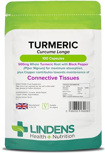 Lindens Turmeric 500mg with Black Pepper - 100 Vegan Capsules | 1-A-Day | UK Manufacturer - 1000mg per Serving | Natural Curcumin | Easy to Swallow & Digest Capsule | Letterbox Friendly (3+ Months Supply)