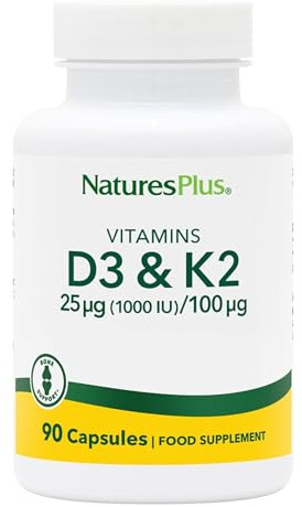 NaturesPlus Vitamin D3 Vitamin K2-1000 IU Vitamin D Supplement with 100 mcg Vitamin K – Bones and Immune System Support - Gluten Free, Vegetarian - 90 Capsules
