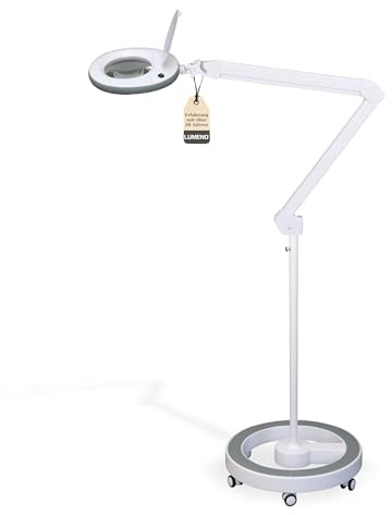 Lumeno Lámpara de aumento LED 7215GR, lente de cristal de 127 mm, lámpara de trabajo, lámpara cosmética, adecuada para cosméticos, aficionados, ayuda a la lectura, 5 dioptrías gris con trípode rodante
