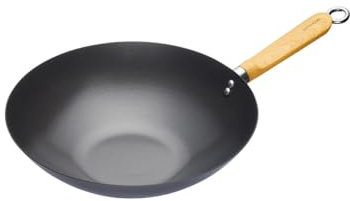 KitchenCraft World of Flavours Antihaft-Wok mit Holzgriffen, induktionsgeeignet, Kohlenstoffstahl, 3 cm
