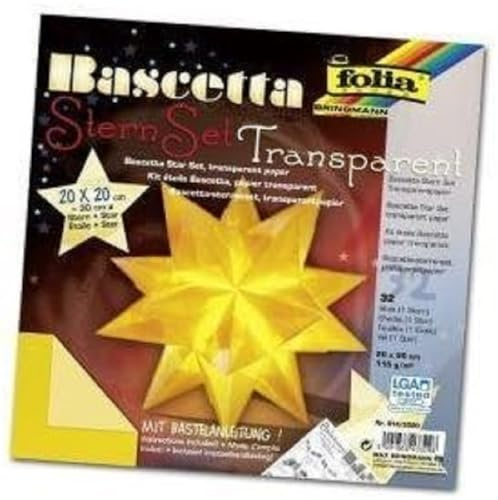 folia 814/2020 - Bastelset Bascetta Stern, Transparent gelb, 20 x 20 cm, 32 Blatt, fertige Größe des Papiersterns ca. 30 cm, mit ausführlicher Anleitung - ideal zur zeitlosen Dekoration