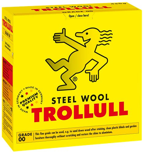 Trollull Stahlwolle | Drahtwolle 450 g fein 00 kann verwendet werden, um Holz zu schleifen, Kunststoffrollos und Gartenmöbel zu reinigen und Aluminium zu polieren