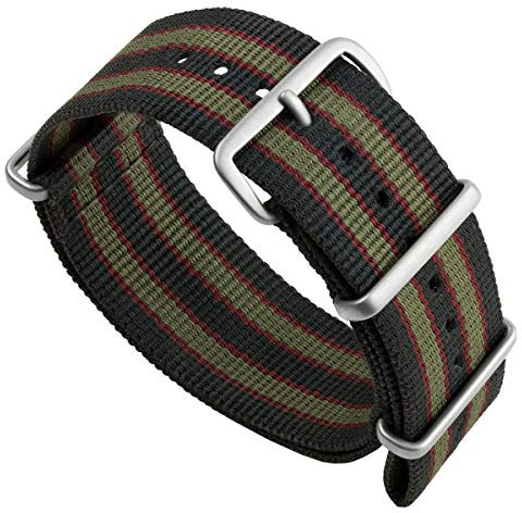 Geckota Uhrenarmband Nylon Vintage Bond NATO Dunkel blau/rot/grün gestreift Satin, 20mm
