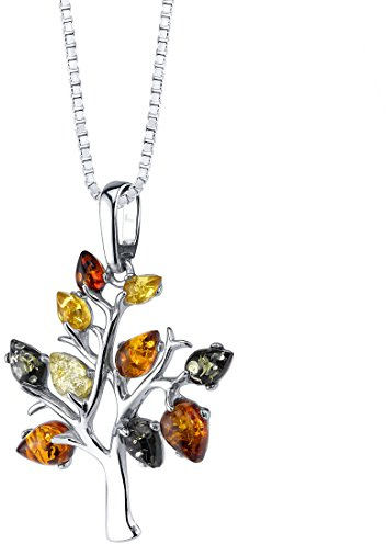 PEORA Genuine Baltic Amber Tree of Life Pendant Necklace for Women 925 Sterling Silver, Rich Cognac, Olive Green and Light Yellow Colors, with 18 inch Chain, Real Baltic Amber Necklace for Adults,