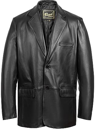 REED EST. 1950 Men's Premium Genuine Leather Executive Blazer Coat - Professional Business Jacket with Roomy Shoulder Relaxed Fit (Large) Black