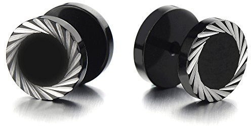 10MM Negro Enchufe Falso Fake Plug, Pendientes de Hombre, Aretes, Acero Inoxidable, 1 Par