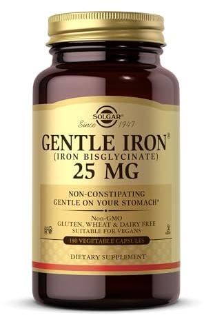Solgar Gentle Iron (Iron Bisglycinate) 25 mg - 180 Vegetable Capsules - Non-Constipating, Gentle on Your Stomach - Non-GMO, Gluten Free - 180 Servings