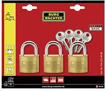 Burg-Wächter hänglås, set med 3, 4 nycklar, Trio 222 3,5 mm Bügelstärke Mässing