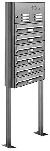 AL Briefkastensysteme 6er V2A Edelstahl Stand Briefkasten mit Klingel rostfrei als 6 Fach Briefkastenanlage DIN A4 in Postkasten Design modern