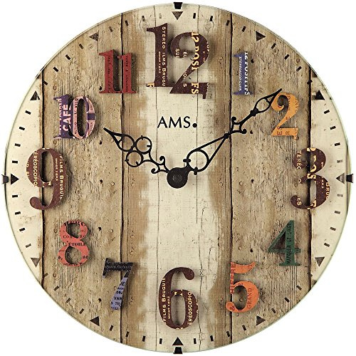 AMS 9423 Wanduhr Quarzuhr Bunte arabische Zahlen Dekouhr Holz-Optik Runde Form