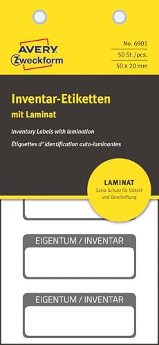 AVERY Zweckform 6901 laminierte Inventaretiketten (extrem stark selbstklebend, Kleinformat, 50x20 mm, 50 Aufkleber auf 10 Blatt) weiß/schwarz