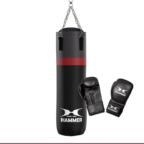 HAMMER Box Set Cobra – Robuster Boxsack (100 cm) + Hochwertige Boxhandschuhe (10 oz) – Ideales Trainingsset für Boxeinsteiger – Schwarz/Rot