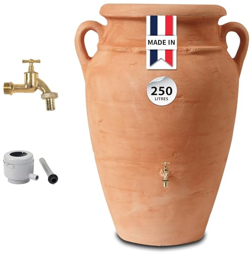 GARANTIA Amphore Antik Recuperateur d Eau de Pluie Kit 250L Terracotta | Robinet Laiton, bac à Plantes, collecteur Eco de Luxe Gris