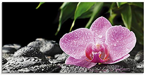 ARTland Wanddeko Glasbilder Wandbild Glas Bild einteilig 60x30 cm Querformat Natur Asien Botanik Blumen Orchidee Steine Zen Entspannung Pink T5OQ