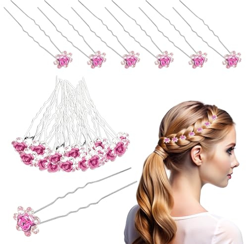 Trimming Shop Kristallrosa ros blomma hårnålar: Brud bröllopsklämmor med strassblommor - eleganta hårsmycken tillbehör för kvinnor, bröllop brudfrisyr, bal, paket med 10