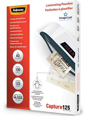 Fellowes Laminierfolien A5 ImageLast, 125 Mikron (2 x 125 mic), 100 Stück, transparent mit Ausrichtungshilfe
