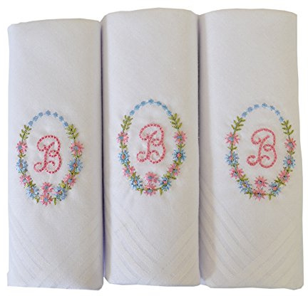 3er Pack Damen/Damen bestickt Initialen Taschentücher mit weißem Satin Rand, B