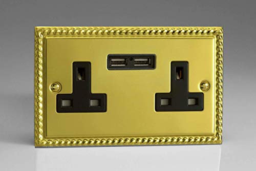 Varilight 2 Gang, 13 Amp Unswitched Socket with 2 Optimised USB Charging Ports, Black Insert. Classic Georgian Polished Brass Effect