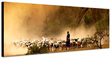 Augenblicke Wandbilder Keilrahmenbild Wandbild 150x50cm Afrika Hirte Schafherde Bäume Nebel