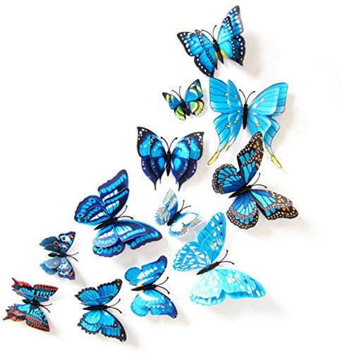 Oblique Unique Lot de 12 stickers muraux décoratifs avec papillons 3D - Double ailes - Effet fleurs - Bleu