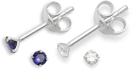 Set of 2 PAIRS Sterling Silver Cubic Zirconia stud Earrings - SIZE: TINY 2mm - Very Small & discreet - Teeny weeny Sapphire Blue & Clear studs. 5549DB/SET