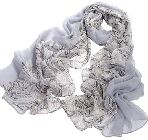 nella-mode Grosser exclusiver SEIDENSCHAL (ca. 200 x 80 cm) aus feiner transparenter Seide in elegantem Design: uni grau und elegantes Design kombiniert in einem Schal aus 100% Seide