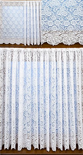 home-expression White thick traditional heavy lace net curtain rose daisy flowers floral leaves scroll 54 inch 137cm drop sold by the metre