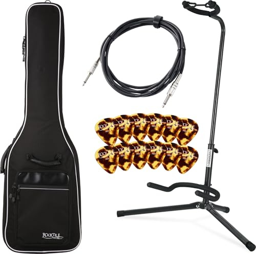 Rocktile E-Bass Zubehörset inklusive Gigbag Basstasche gepolstert für E-Bass Bassständer Plektren und Instrumentenkabel