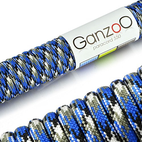 Ganzoo Fallschirmleine Paracord 550 Typ 3, 31 m Kernmantel-Seil 4 mm, 7 Kernstränge, Nylon Polyester, geflochtene Leine Farbmix blau weiß schwarz für Ausrüstung