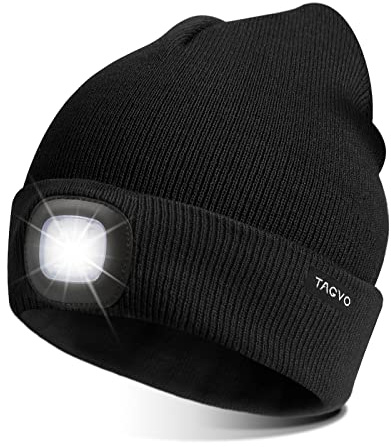 TAGVO USB Rechargeable 8 LED Bonnet Chapeau, Lumineux Casquette éclairage et Clignotant Alarme LED Mains Libre Lampe de Lampe Frontale Tricoté Bonnet Unisex Hiver Chaud Sport Knit Cap Chapeau - Noir
