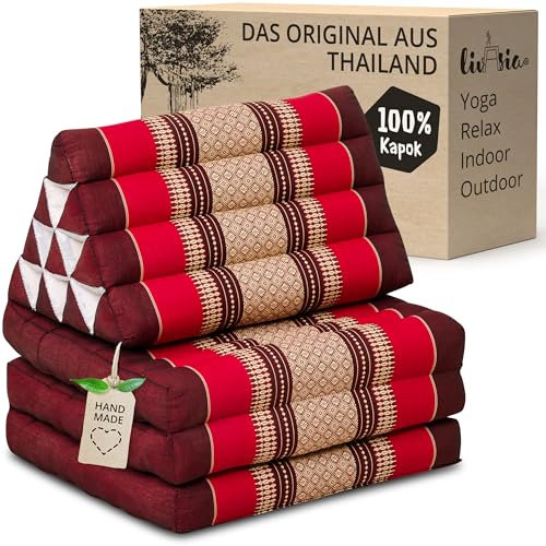 livasia Thaikissen mit 3 Auflagen - 175x50x8cm - Dreieckskissen mit Klappmatratze, Keilkissen Kapok, Rückenkissen faltbar, Thaimatte zum Klappen, handgefertigt, Meditationskissen (Rubinrot)