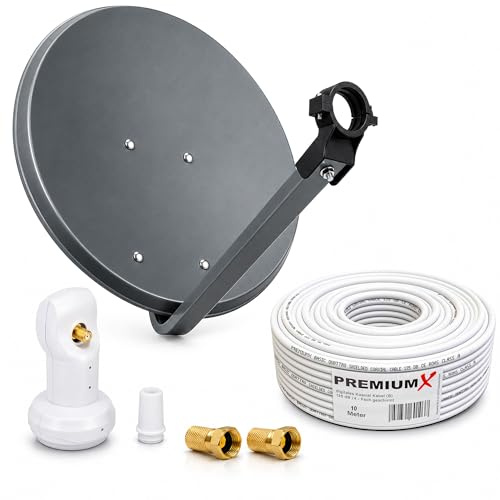 Premium X Camping Satelliten-Komplettanlage 45cm Anthrazit Satelliten-Schüssel SAT Single LNB 4K 10m Koaxialkabel 2X F-Stecker