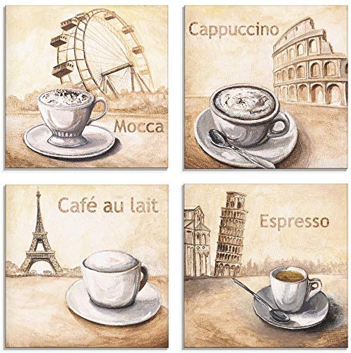ARTland Wanddeko Glasbilder Wandbild Glas Bild Set 4 teilig je Quadratisch Kaffee Cafe Coffee Cappuccino Italien Frankreich Pisa Paris S6MM