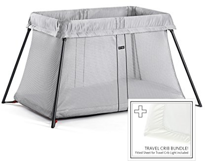 BABYBJORN Travel Crib Light - Silver + Fitted Sheet Bundle Pack ,Silver, One Size