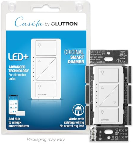 Lutron Caseta Original Smart Dimmer Switch, LED Dimmer Switch, 150W, Single-Pole/3-Way, No Neutral Required, Works with Alexa, Apple Home, Ring, & Google Home, PD-6WCL-WH, White