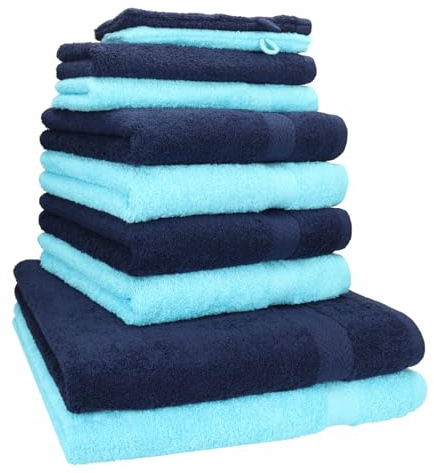 Betz 10 TLG. Handtuch Set Premium 100% Baumwolle 2 Duschtücher 4 Handtücher 2 Gästetücher 2 Waschhandschuhe Farbe Dunkel Blau & Türkis