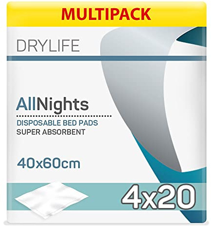 Drylife AllNights Einweg 100% Wasserdicht Inkontinenz Matratzenschoner - 40cm x 60cm (4 x 20 Stück)