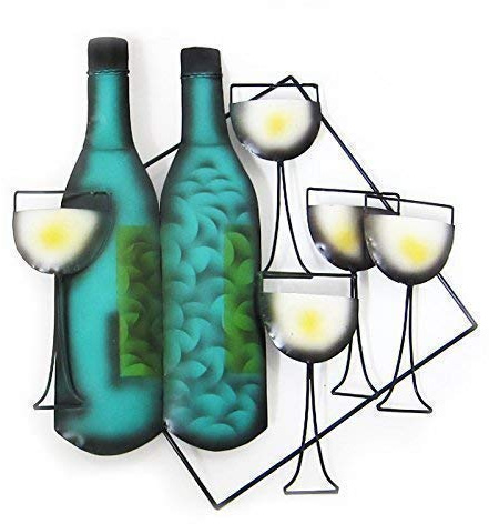 Double Duck METAL WALL ART/DECORATION: GREEN WINE BOTTLES/GLASSES