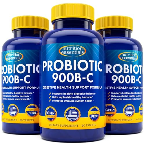 Nutrition Essentials Probiotics for Women and Men with Natural Lactase Enzyme & Prebiotic Fiber for Digestive Health - 80percent + Stronger Supplement for Gut Health Support - 3 Count of 60 Tablets