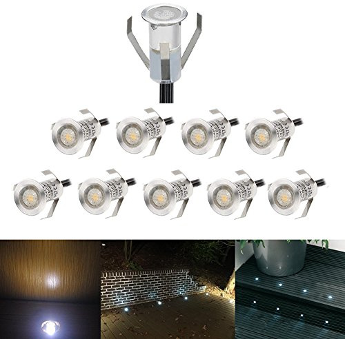 10er Set Mini Treppen Einbaustrahler Ø18mm 0.4W IP67 Wasserdicht 7LM Bodeneinbaustrahler LED Bodenstrahler Aussen und Innen Lampe mit 12V Netzteil für Garten Terrasse Treppen Beleuchtung Kühles Weiß