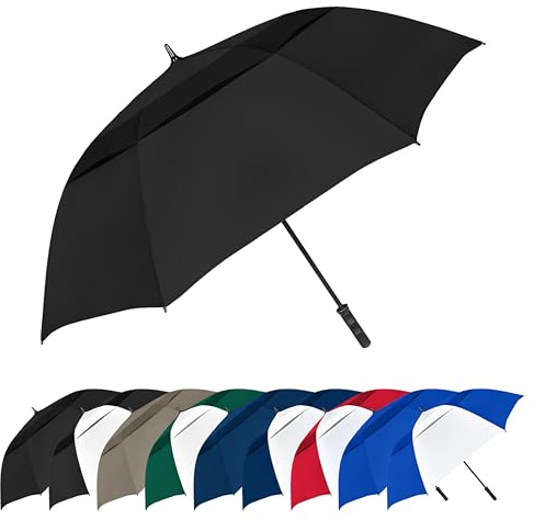The Vented Tornado 64 Large Oversize Windproof Automatic Open Golf Umbrella, Heavy Duty Thick Fiberglass Ribs Waterproof Wind Vent Portable 2 Person Golf Umbrella for Men and Women - Black