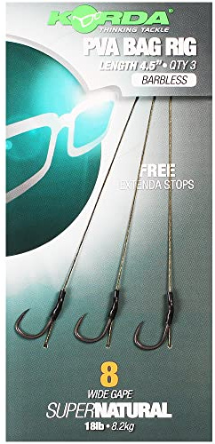 Korda Solidz PVA Rig, Vorgebundenes Karpfenvorfach mit Wide Gape Karpfenhaken, Weiches Supernatural Geflecht, inklusive Extenda Stops, geeignet für PVA Bags