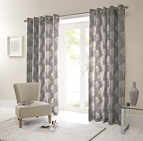 Fusion - Woodland Trees - 100% Cotton Pair of Eyelet Curtains - 46 Width x 54 Drop (117 x 137cm) in Charcoal