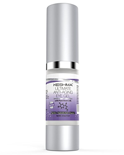 Keshima Eye Gel for Crow's Feet, Puffiness, Sagging Skin, Dark Circles and Wrinkles - Cream with Plant Stem Cells, Vitamin C, Hyaluronic Acid, Complex Peptides, Aloe, Green Tea - Oil Free