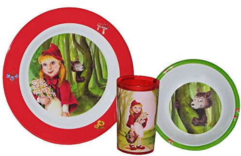 alles-meine.de GmbH 3 TLG. Geschirrset Rotkäppchen - Melamin Trinkbecher + Teller + Müslischale - Kindergeschirr Frühstücksset - Jungen Mädchen Geschirr - Märchen der böse Wo..