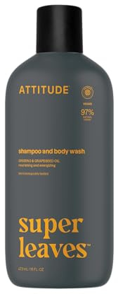 ATTITUDE 2-i-1 Body Wash and Hair Shampoo, EWG Verified Shower Gel Dermatologiskt testad, tillverkad med naturligt derivade ingredienser, Vegan Personal Care, ginseng och grapeseed Oil, 473 ml