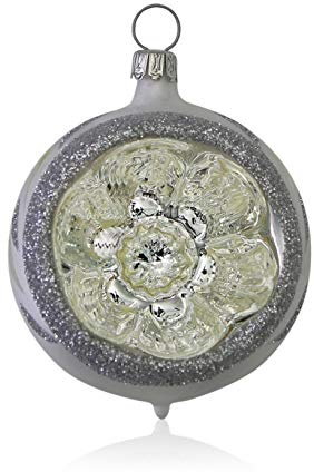 Lauschaer Glas Christbaumkugeln mit Einstich Eislack weiß mit Dekor 4 Stück d 6cm Christbaumschmuck Weihnachtsbaumschmuck mundgeblasen, handdekoriert Lauschaer Glas das Original