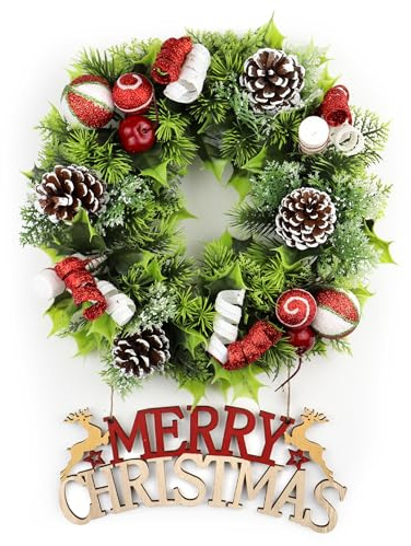 Christmas Decoration Wreath, 12 Christmas Garland for Front Door, Winter Wreath Ornament Artificial
