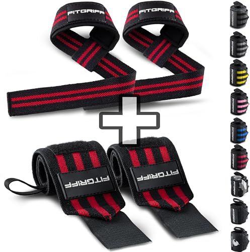 Fitgriff® Handledsband + lyftremmar (bunt) – handledsremmar för tyngdlyftning, gym, styrketräning, fitness – för män och kvinnor svart/röd